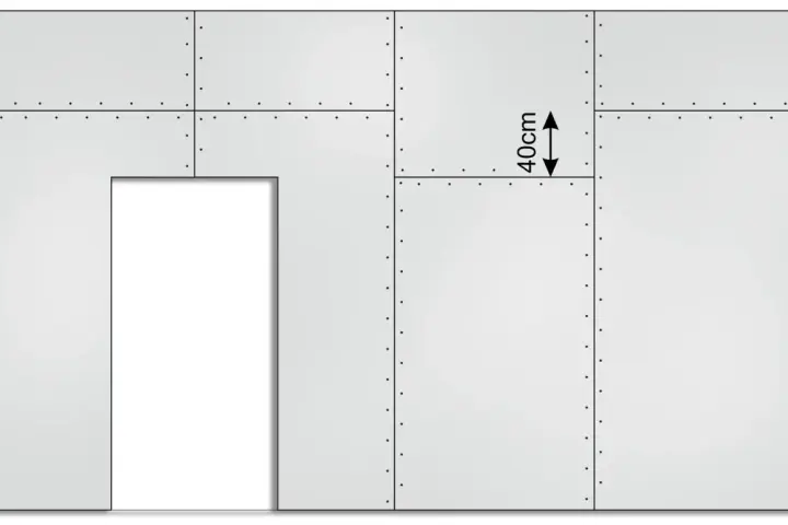 Schemat przedstawia fragment ściany z płyt gipsowo-kartonowych, z zaznaczonymi wymiarami płyty gk 40cm.