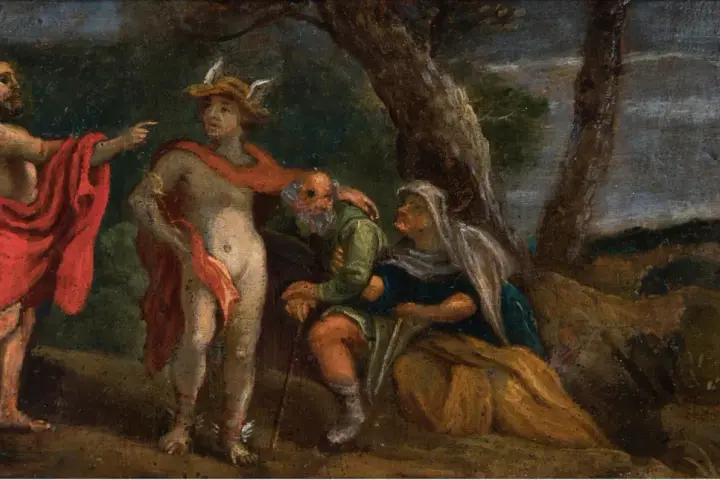 Un hombre con túnica roja señala a Mercurio, quien se dirige a una pareja de ancianos. Curiosidades del Renacimiento.