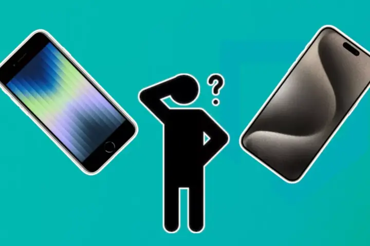 En person funderar vilken iOS jag har, med två iPhones som visar olika skärmar.