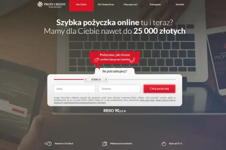 Profi Credit windykacja oferuje szybkie pożyczki online do 25 000 zł. Wypełnij formularz, by otrzymać gotówkę.