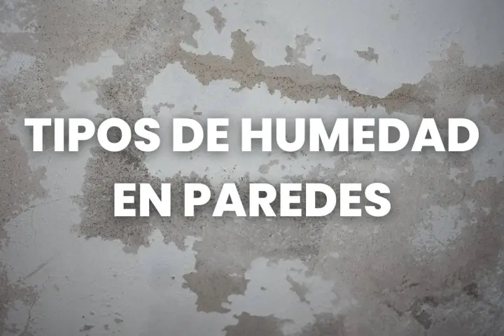Texto blanco sobre pared con manchas de humedad: "TIPOS DE HUMEDAD EN PAREDES". Aprende cómo quitar humedad de la pared.