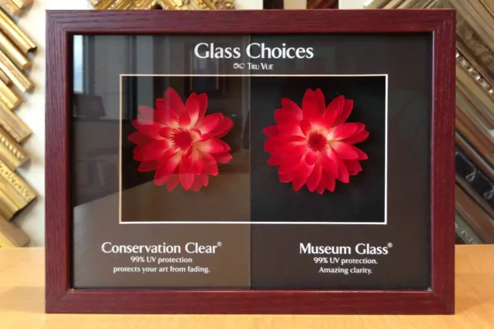 Comparing plexiglass vs glass frame options for art protection. The left shows Conservation Clear, the right Museum Glass, both with red flowers.