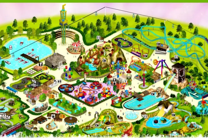 Isometric map of Etnaland theme park, showing rides, attractions, and themed areas like Prehistoria.