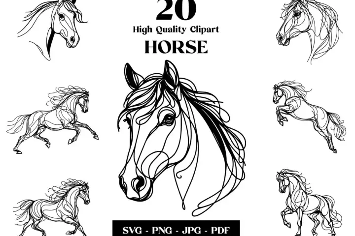 Zestaw eleganckich koników do rysowania w stylu line art. Idealne do projektów graficznych i ozdób.