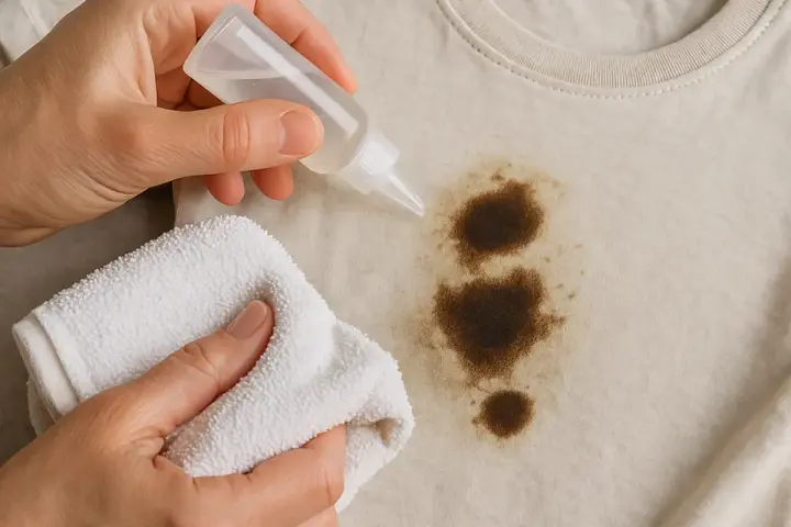 Manos aplicando líquido a una mancha de grasa en ropa beige, usando un paño blanco para frotar. Aprende como quitar grasa de la ropa.