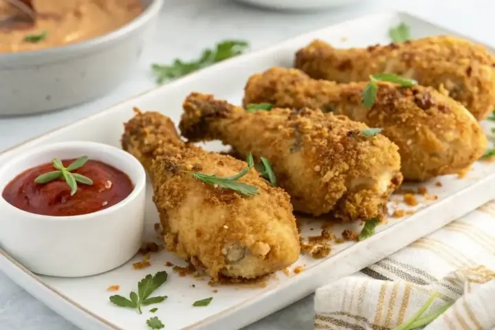 Pilon de poulet croustillants, parfaits pour une recette facile. Servi avec une sauce tomate et des herbes fraîches.