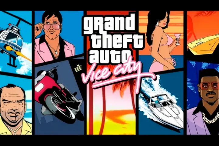 Portada GTA Vice City: collage de personajes, vehículos y el logo del juego.