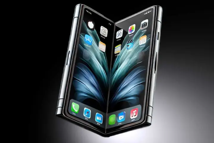 En futuristisk iPhone flip-telefon med två skärmar som visar ikonerna för appar.