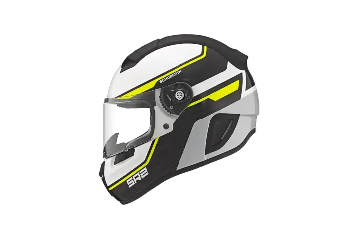 Casco Schuberth S2 blanco con detalles en amarillo y gris. Opiniones positivas sobre su seguridad y comodidad.