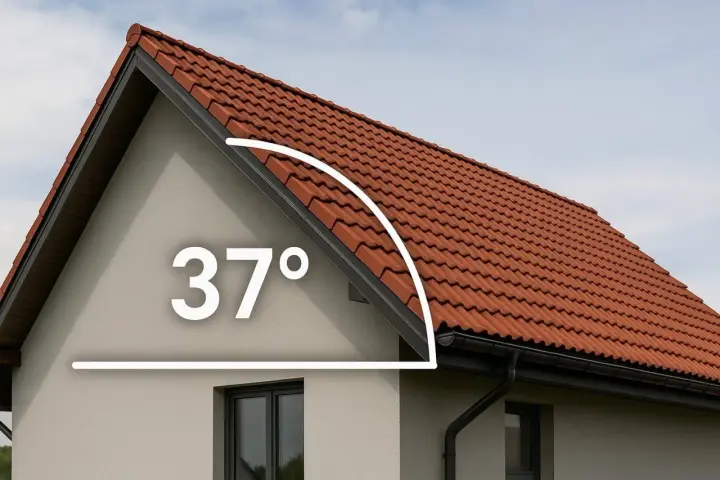 Jak obliczyć kąt nachylenia dachu? Na elewacji domu widoczny jest kąt 37 stopni, wskazujący na nachylenie czerwonego dachu.