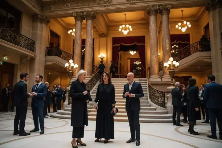 Trois personnes en tenue d'opéra discutent dans un grand hall orné de colonnes et d'escaliers majestueux.