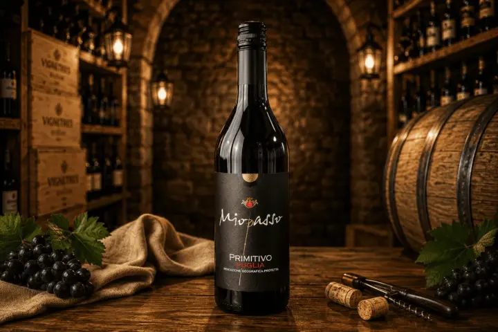 Butelka wina Primitivo Puglia na drewnianym stole, w tle piwniczka z winami, beczka i winogrona.