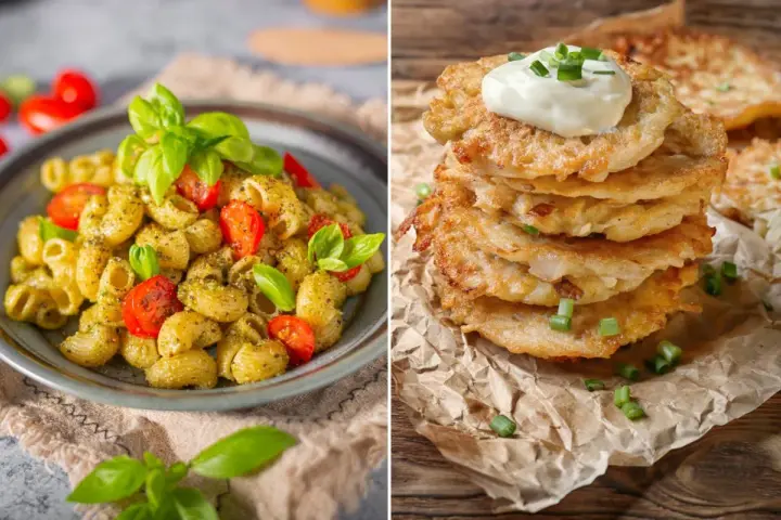 Dwa szybkie dania: makaron z pesto i pomidorkami oraz stos placków ziemniaczanych ze śmietaną.
