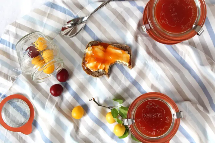Kriecherl-Marmelade auf Brot, Gläser und frische Früchte. Perfekt für leckere Kriecherl Rezepte.