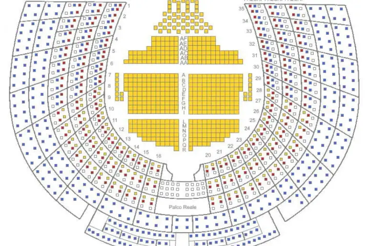 Mappa posti Teatro La Fenice. I colori indicano diverse sezioni, utili per scegliere i biglietti e capire il prezzo.