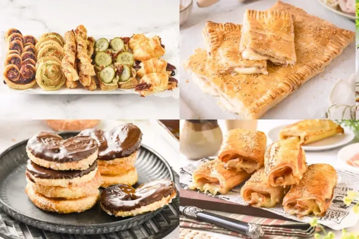 Collage de varios postres y bocadillos salados de hojaldre, incluyendo palmeritas de chocolate y rollitos rellenos.