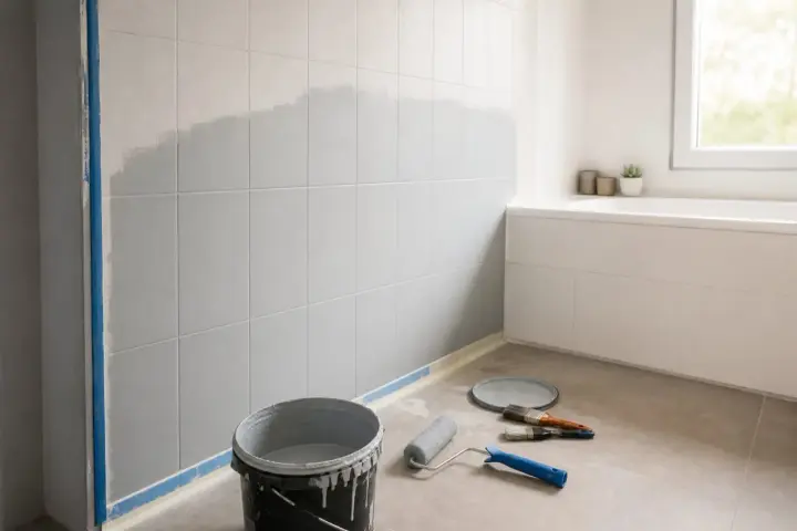 Rénovation de salle de bain : on est en train de repeindre le carrelage mural en gris. Matériel de peinture au sol.