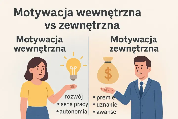 Kobieta z żarówką symbolizuje motywację wewnętrzną (rozwój, sens, autonomia), mężczyzna z sakiewką pieniędzy - motywację zewnętrzną (premie, uznanie, awanse).