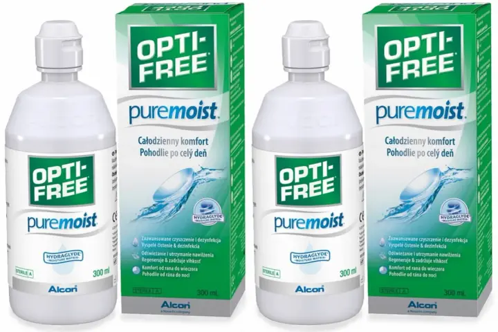 Dwie butelki i dwa pudełka płynu do soczewek Opti-Free Puremoist. Szukasz, czym zastąpić płyn do soczewek? Ten produkt zapewnia całodzienny komfort.