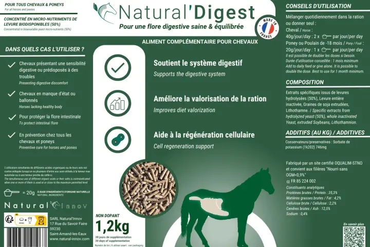 Aliment complémentaire pour chevaux, Natural'Digest, soutient le système digestif. Non dopant, 1,2kg.