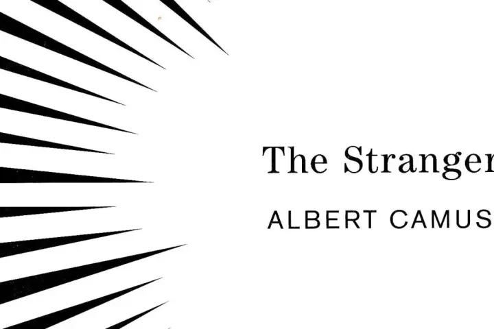 Abstrakte schwarze Linien auf weißem Hintergrund mit dem Titel "The Stranger" und "ALBERT CAMUS".