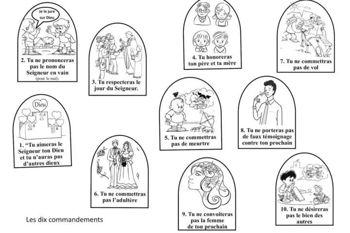 Ilustracje przedstawiające dziesięć przykazań w formie rysunków.