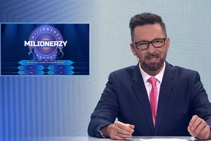 Prowadzący "Milionerzy" pyta: "Ile kosztuje zwykły bochenek chleba?". Na ekranie widać opcje odpowiedzi.