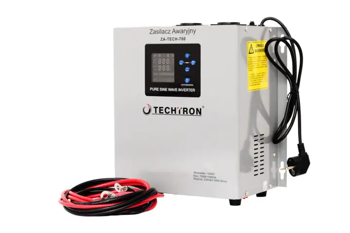 Szary ups zasilanie awaryjne Techtron ZA-TECH-700 z wyświetlaczem cyfrowym i kablami.