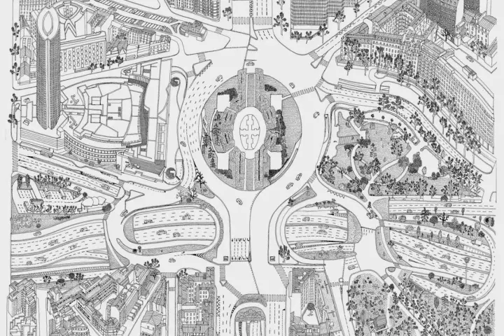 Un croquis de Paris, vu du ciel, avec un rond-point central, des immeubles, des routes sinueuses et un parc verdoyant.