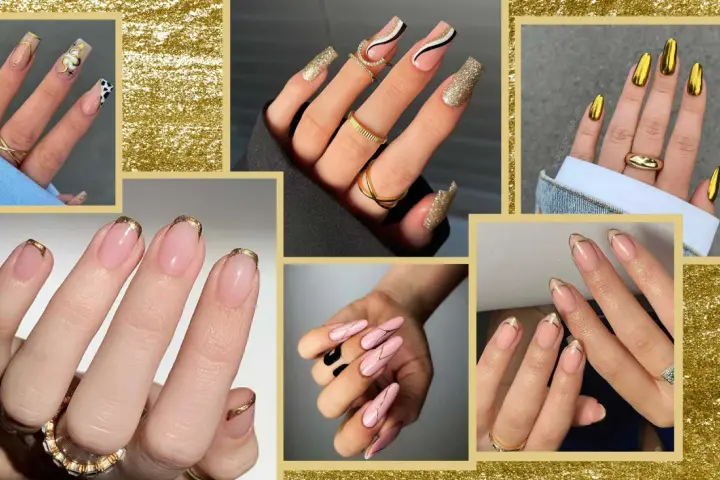 Manicure con unghie metallizzate oro, glitter e design geometrici. Un tocco di lusso per le tue mani.