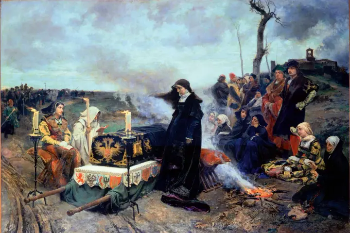 Los hijos de Juana la Loca y Felipe el Hermoso, en un cortejo fúnebre, acompañan un féretro bajo un cielo nublado.