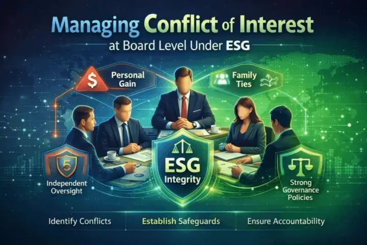 Board members discuss managing conflict of interest, considering personal gain and family ties, to ensure ESG integrity through independent oversight and strong governance.