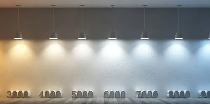 Rząd lamp oświetla ścianę, ukazując pełne spektrum barwy światła od ciepłej żółci do zimnego błękitu, z oznaczeniami temperatur barwowych.
