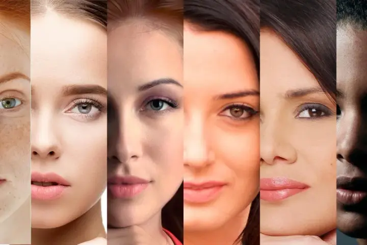 Seis rostros muestran la diversidad de fototipos de piel, desde pecas hasta tonos oscuros, celebrando la belleza en todas sus formas.