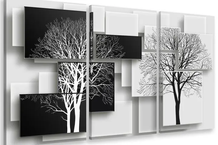 Tableau panoramique noir et blanc composé de plusieurs panneaux représentant des arbres stylisés aux branches fines, créant un jeu d'ombres et de lumières.