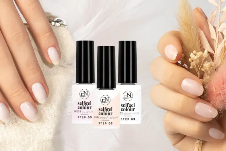 Mains délicates aux ongles parfaits, prêts pour le grand jour. Trois flacons de vernis "selfgel colour" aux teintes douces, idéales pour un ongle mariée élégant.