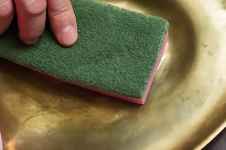 Mano che pulisce un piatto d'ottone con una spugna verde. Scopri come pulire l'ottone fai da te per farlo brillare.