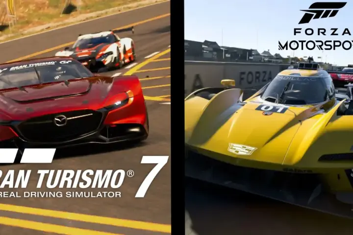 Porównanie Gran Turismo 7 i Forza Motorsport na Xbox Series X. Czerwony samochód sportowy i żółty bolid wyścigowy.