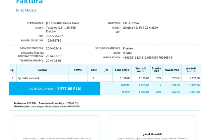 Faktura z danymi sprzedawcy, nabywcy, pozycjami, kwotami netto, VAT i brutto.