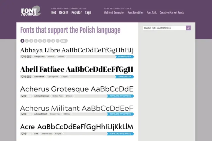 Strona Font Squirrel prezentuje czcionki z polskimi znakami, takie jak Abhaya Libre, Abril Fatface i Acherus.