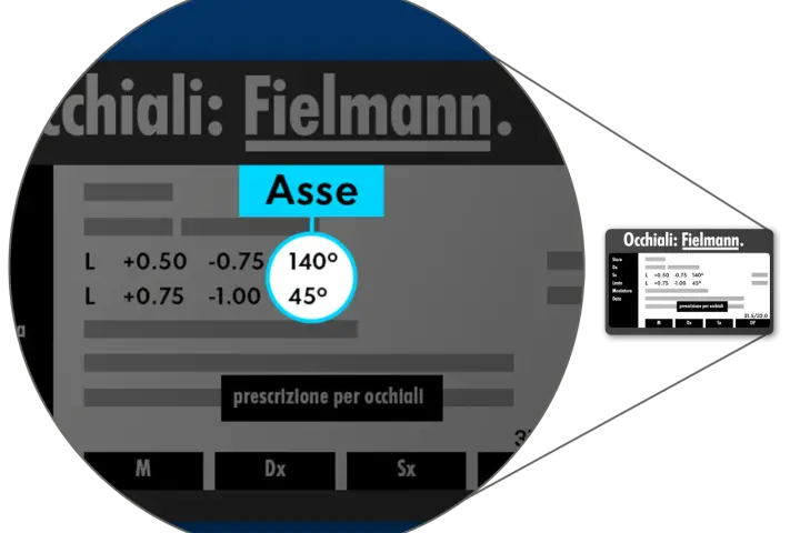 Dettagli di una prescrizione per occhiali Fielmann, con l'asse dell'occhio indicato a 140° e 45°.