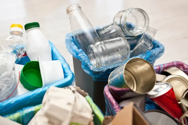 Segregacja odpadów: szklane słoiki, plastikowe butelki i puszki czekają na wywóz śmieci.
