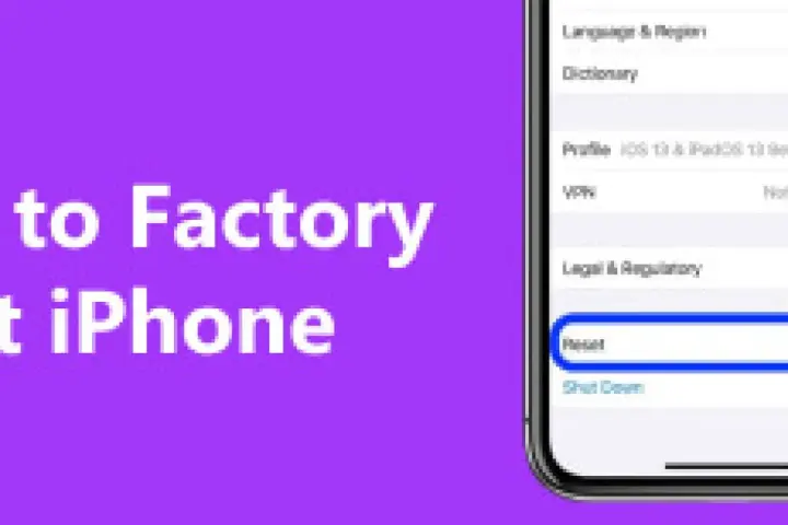 Ekran iPhone z zaznaczoną opcją "Reset" na fioletowym tle z tekstem.