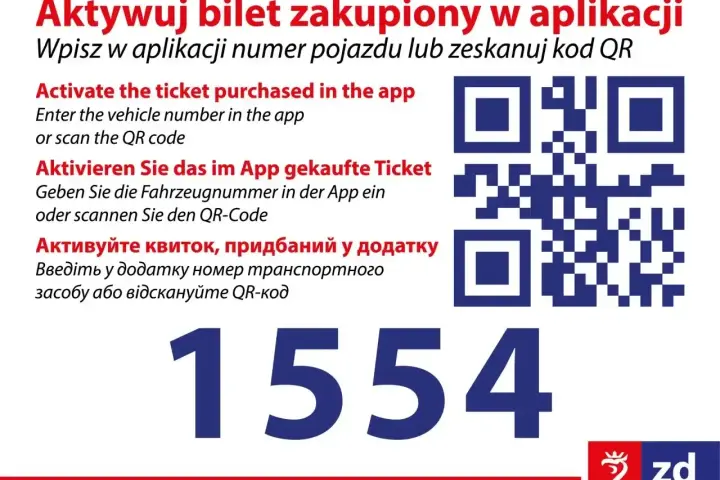 Instrukcja jak kupić bilet online: wpisz numer pojazdu lub zeskanuj kod QR. Widoczny numer 1554.