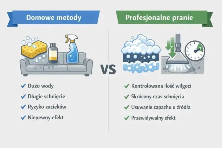 Porównanie domowych metod prania krzeseł z profesjonalnym czyszczeniem. Domowe metody to dużo wody i długie schnięcie.