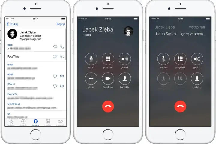 Trzy ekrany iPhone'a pokazujące nagrywanie rozmów. Widzimy kontakt, ekran rozmowy i ekran połączenia z innymi.