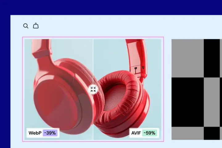 Comparaison visuelle : casque rouge en WebP (-39%) vs AVIF (-59%). Le format WebP est plus léger que le JPG.