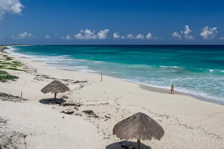 Pusta, piaszczysta nordeste playa z turkusową wodą i dwoma słomianymi parasolami. Kobieta spaceruje brzegiem morza.