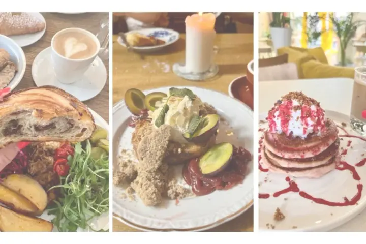 Leckeres vegan breakfast in Berlin: Croissant, Pancakes und ein süßer Kuchen mit Pflaumen.