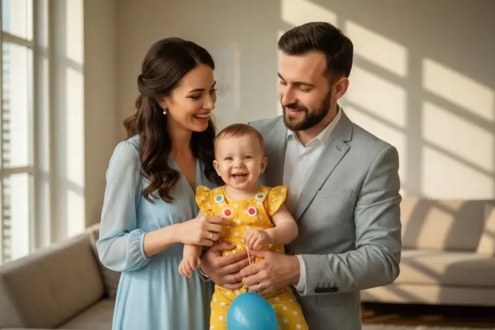 Szczęśliwa rodzina świętuje roczek dziecka. Mama w błękitnej sukience, tata w szarym garniturze, a maluch w żółtym, grochowatym ubranku. Idealna inspiracja, co ubrać na roczek!